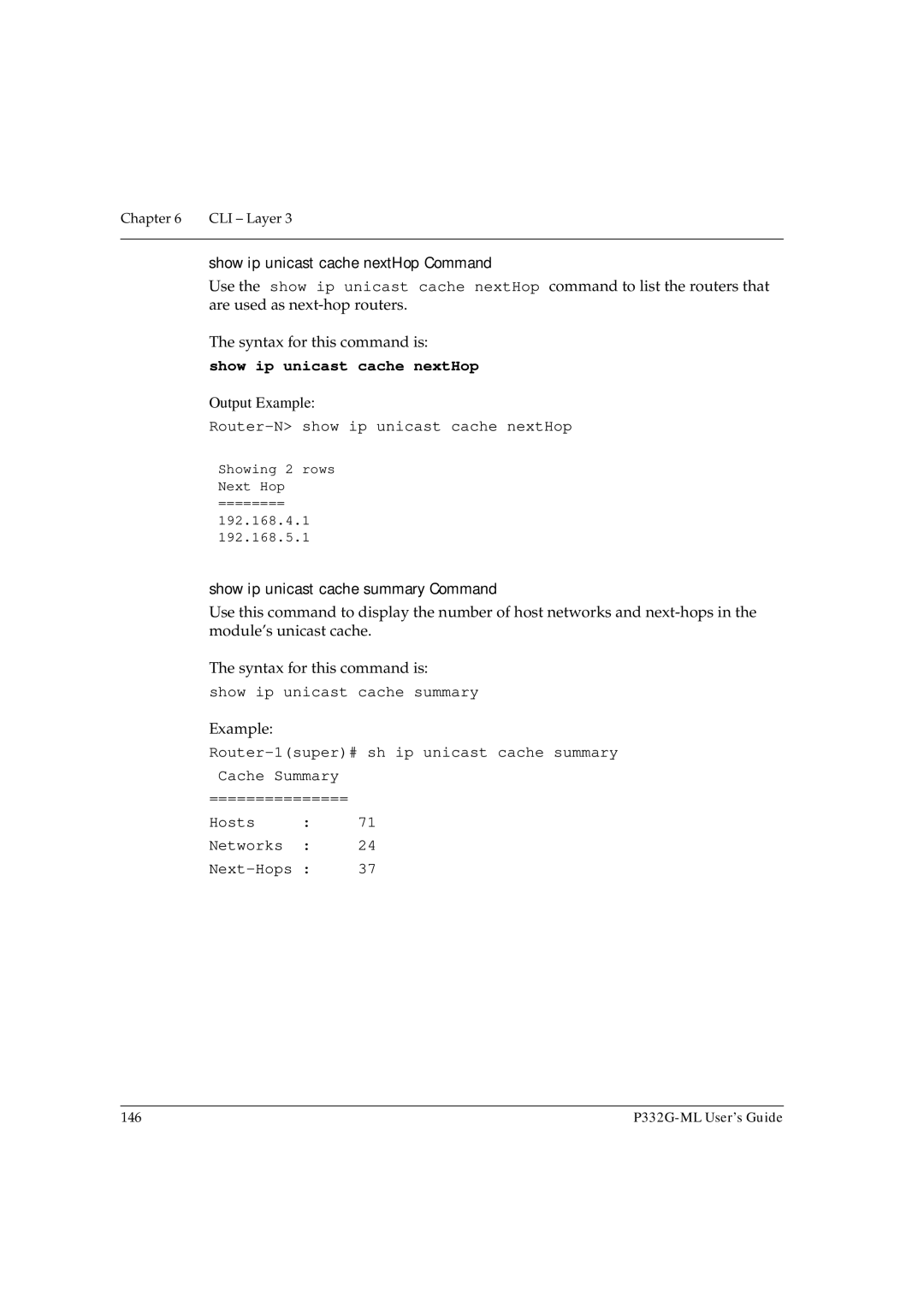 Avaya P332G-ML manual Show ip unicast cache nextHop Command, Router-N show ip unicast cache nextHop 