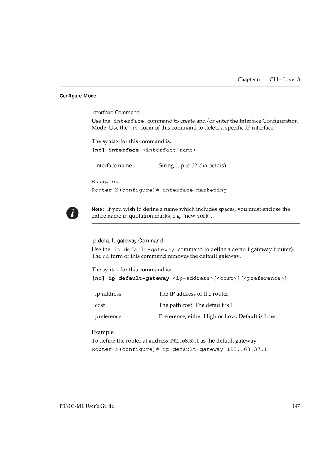 Avaya P332G-ML manual Configure Mode, No interface interface name, Example Router-Nconfigure# interface marketing 