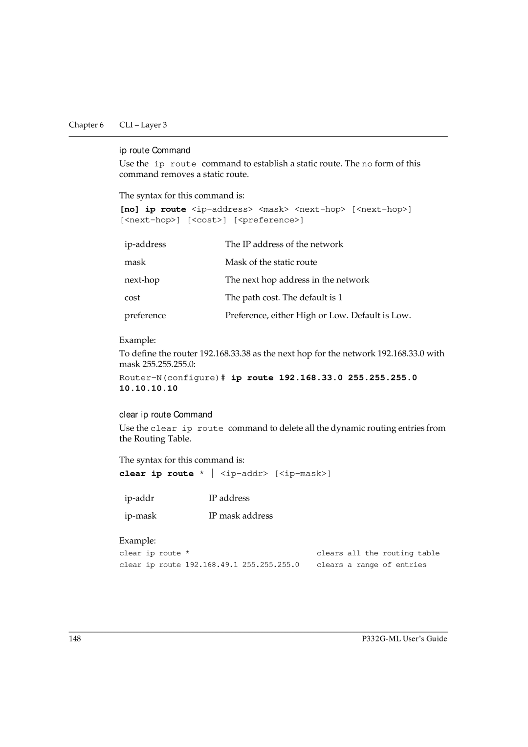 Avaya P332G-ML manual Ip route Command, Router-Nconfigure#ip route 192.168.33.0 255.255.255.0, Clear ip route Command 