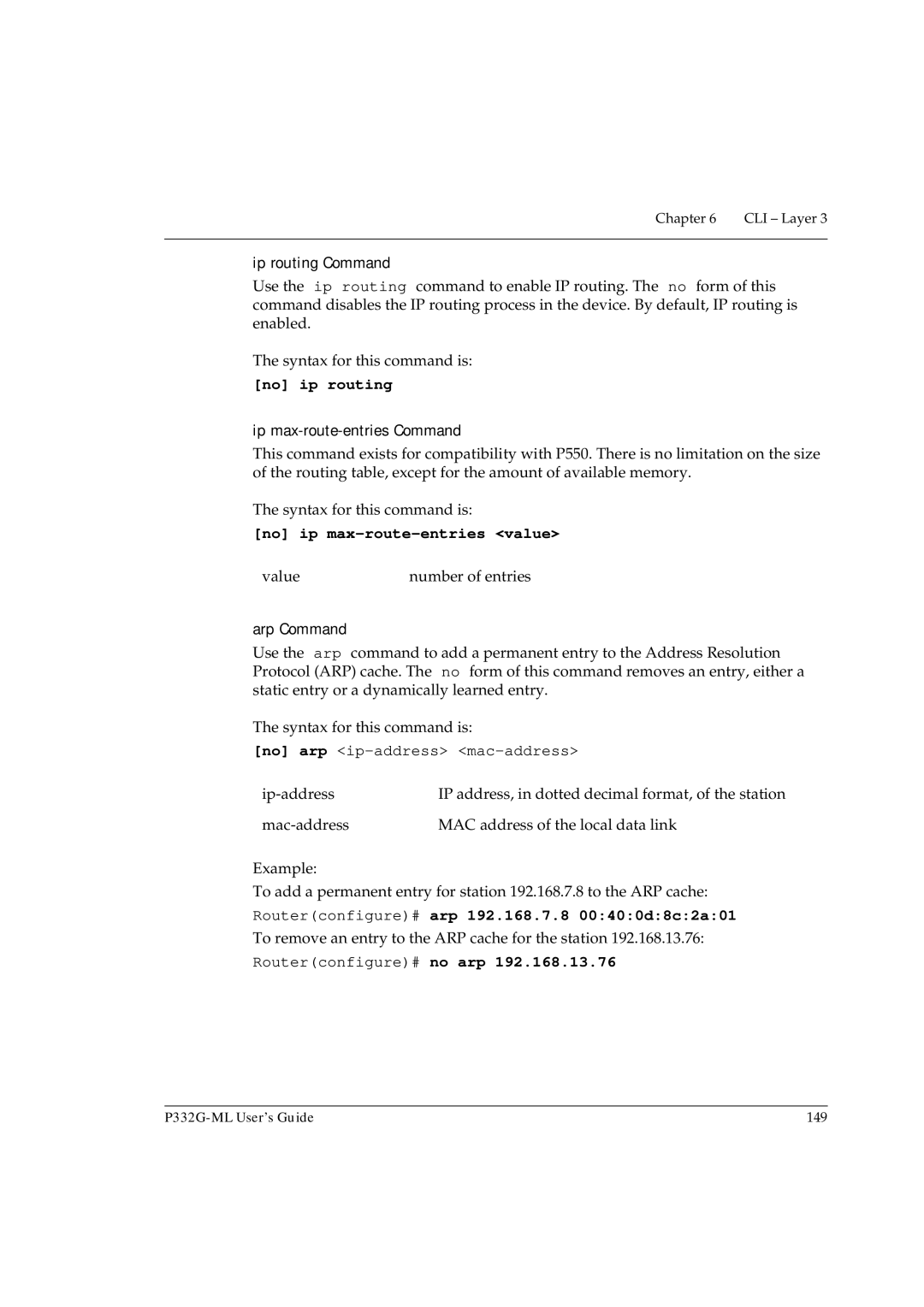 Avaya P332G-ML manual No ip routing, No ip max-route-entries value, No arp ip-address mac-address, Routerconfigure# no arp 