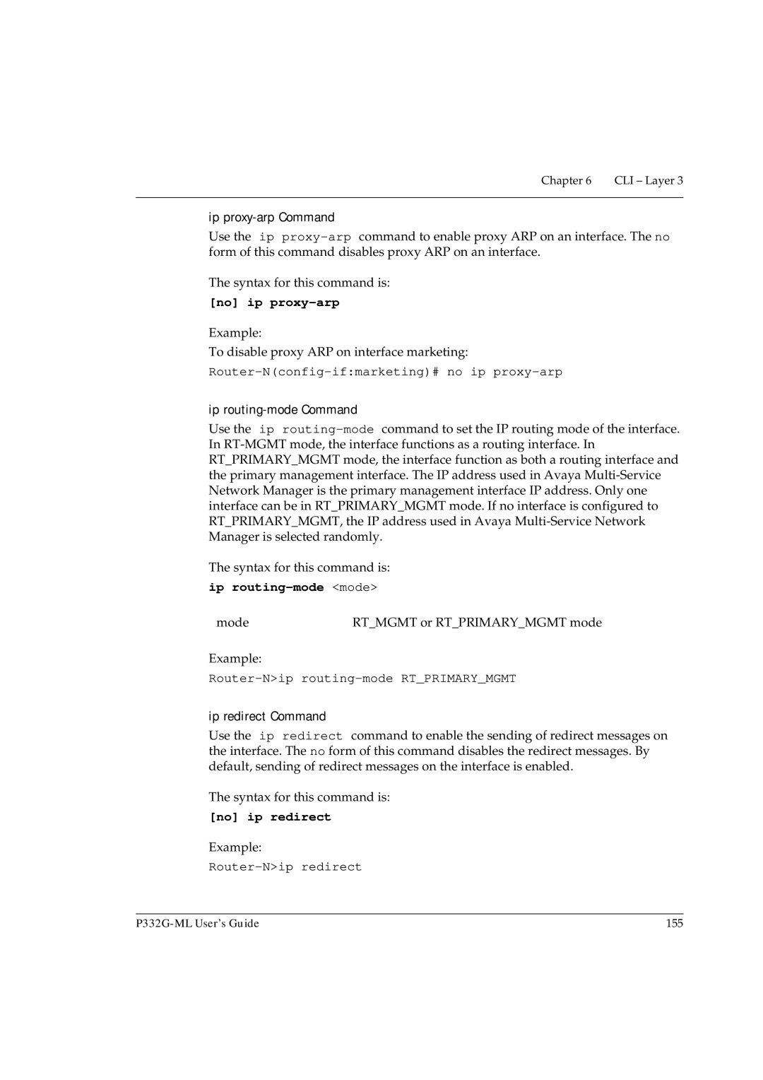 Avaya P332G-ML manual No ip proxy-arp, Ip routing-mode mode, No ip redirect 