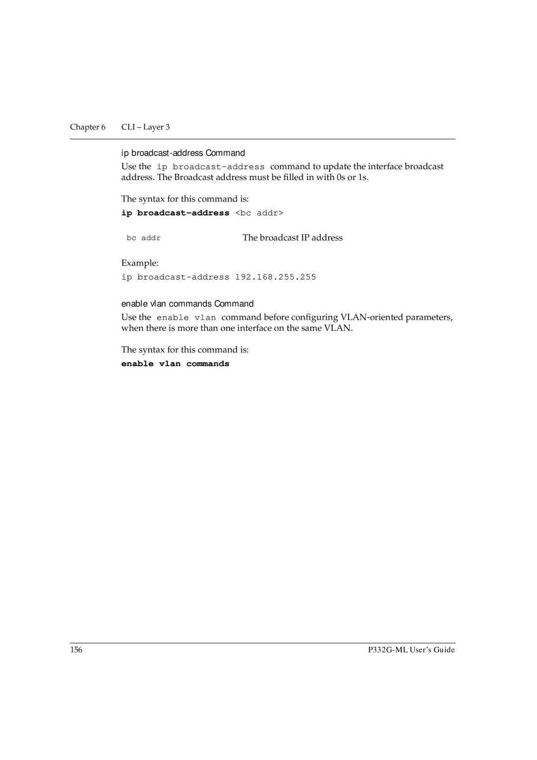 Avaya P332G-ML manual Ip broadcast-address Command, Ip broadcast-address bc addr, Enable vlan commands Command 