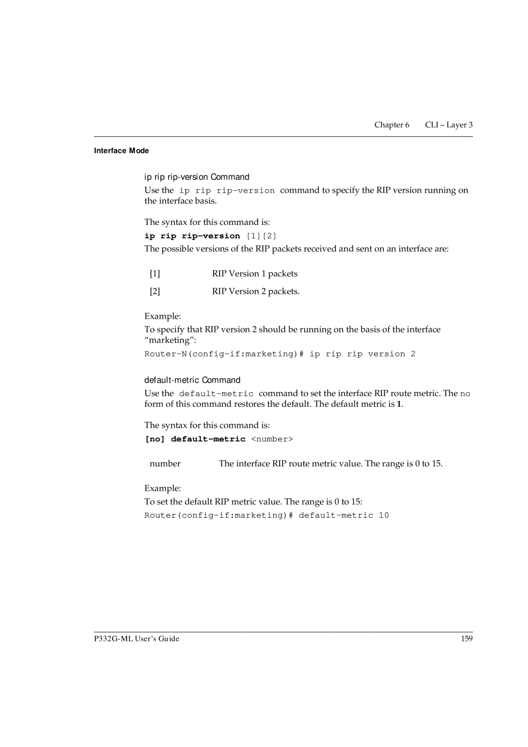 Avaya P332G-ML manual Ip rip rip-version, Router-Nconfig-ifmarketing# ip rip rip version, No default-metric number 