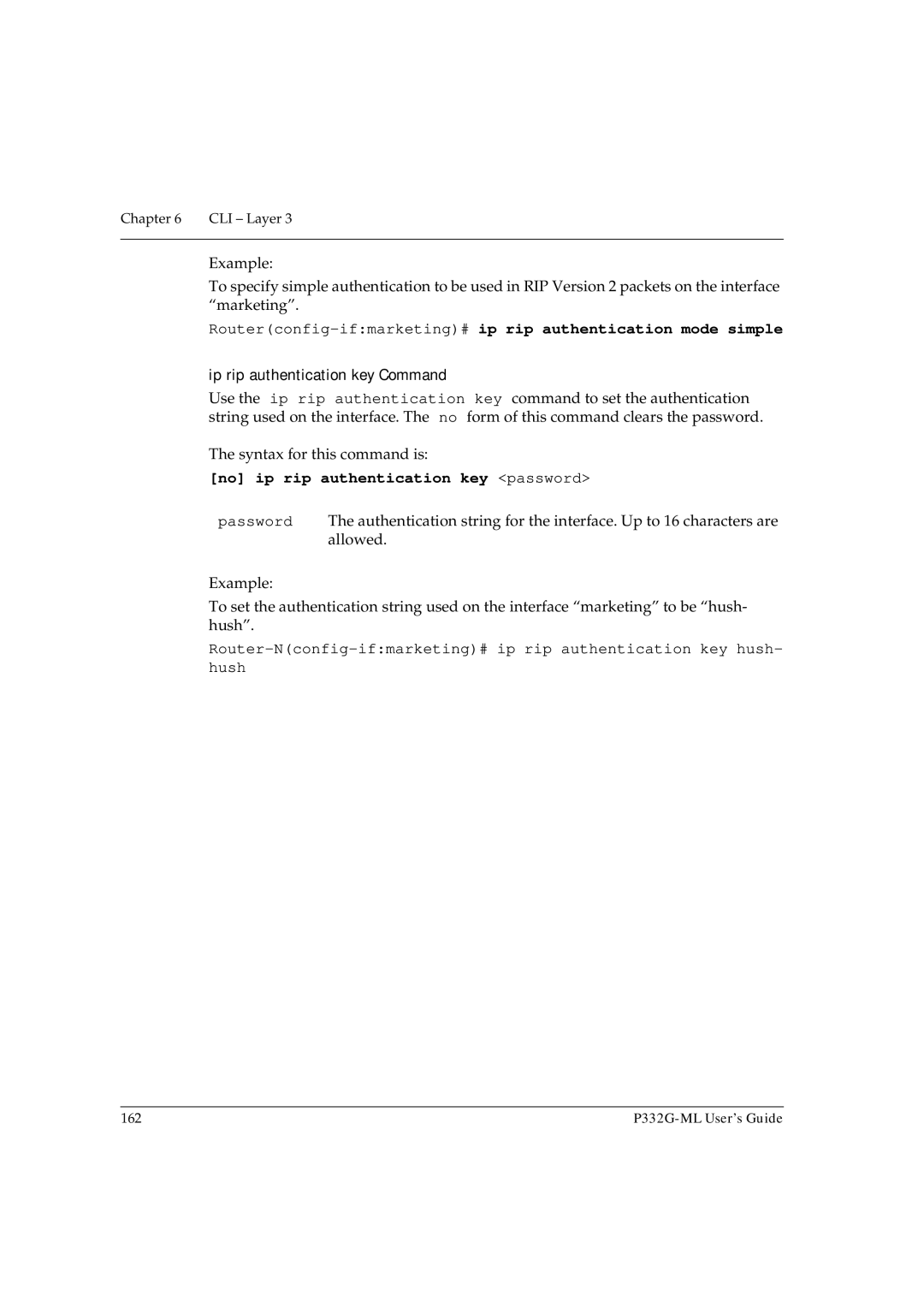 Avaya P332G-ML manual Routerconfig-ifmarketing#ip rip authentication mode simple, Ip rip authentication key Command 