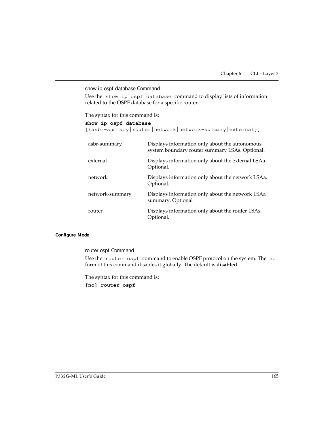 Avaya P332G-ML manual Show ip ospf database Command, Asbr-summaryrouternetworknetwork-summaryexternal, Router ospf Command 