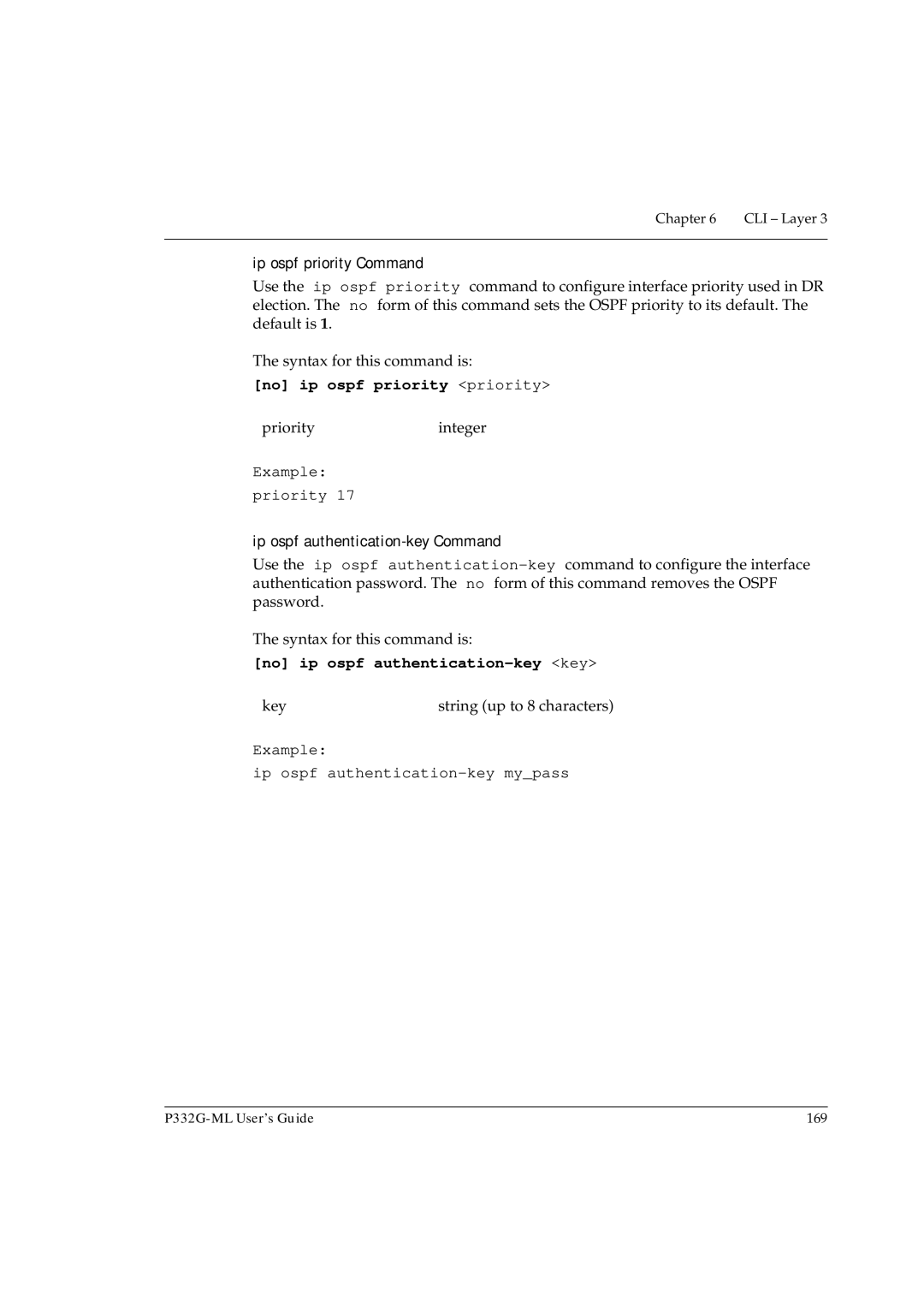 Avaya P332G-ML manual No ip ospf priority priority, Example Priority, No ip ospf authentication-key key 