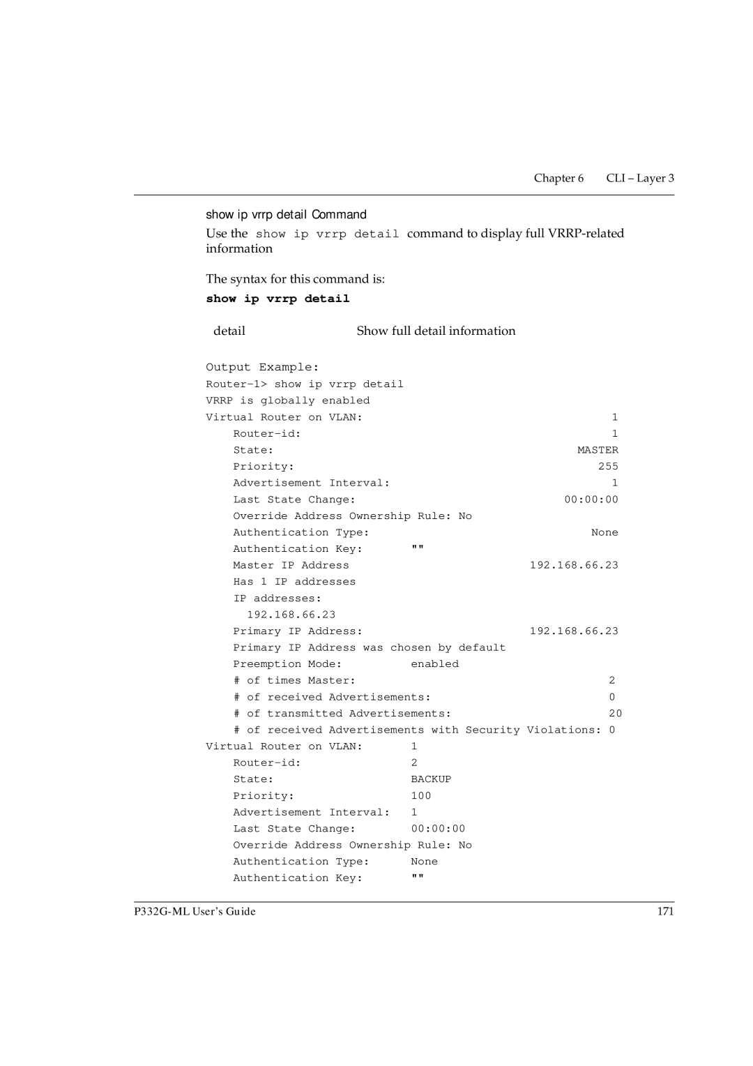 Avaya P332G-ML manual Show ip vrrp detail Command, Detail Show full detail information, Output Example 