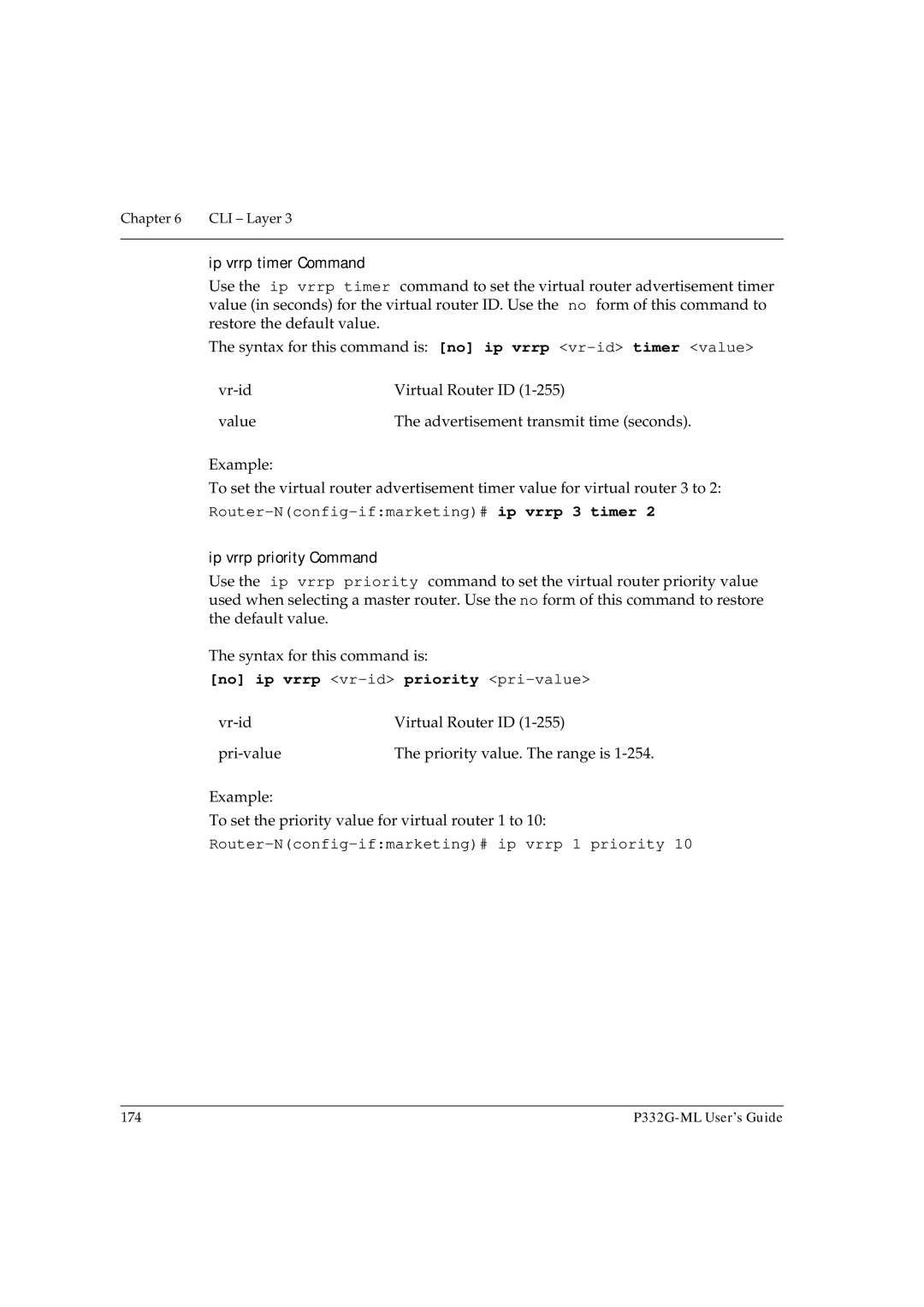 Avaya P332G-ML manual Ip vrrp timer Command, Router-Nconfig-ifmarketing# ip vrrp 3 timer, Ip vrrp priority Command 
