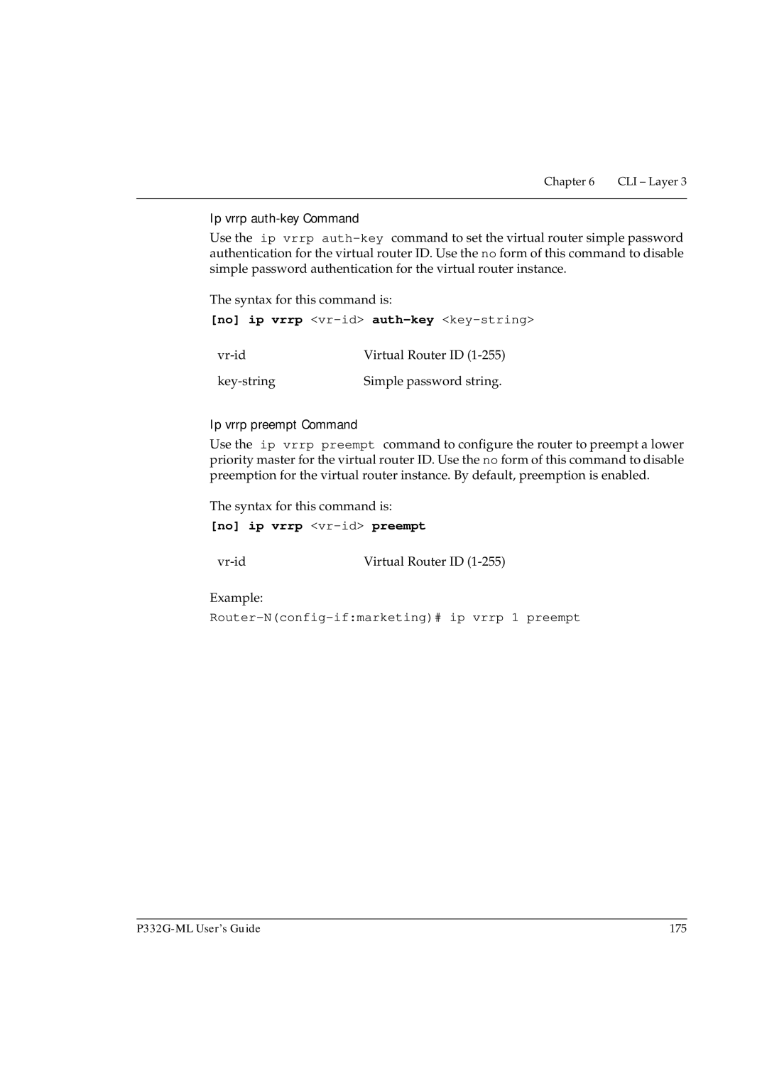 Avaya P332G-ML manual Ip vrrp auth-key Command, No ip vrrp vr-idauth-key key-string, Ip vrrp preempt Command 