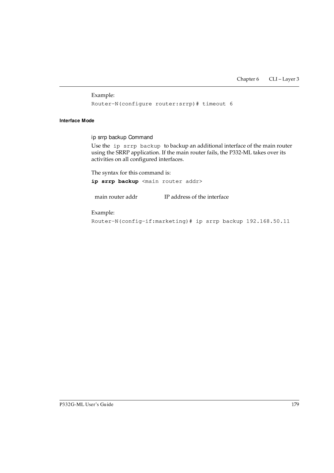 Avaya P332G-ML manual Router-Nconfigure routersrrp# timeout, Ip srrp backup Command, Ip srrp backup main router addr 