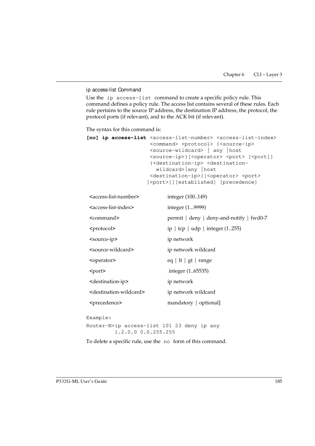 Avaya P332G-ML manual Ip access-list Command, Example Router-Nip access-list 101 23 deny ip any 1.2.0.0 