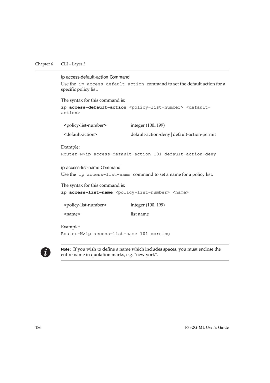 Avaya P332G-ML Ip access-default-action policy-list-number default- action, Ip access-list-namepolicy-list-number name 