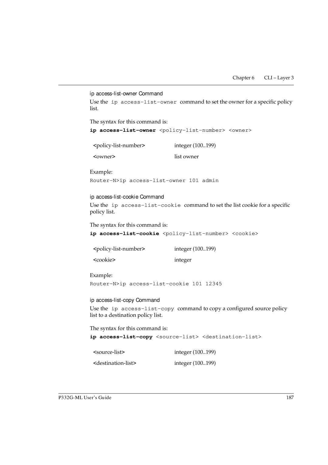 Avaya P332G-ML manual Ip access-list-ownerpolicy-list-number owner, Router-Nip access-list-owner 101 admin 