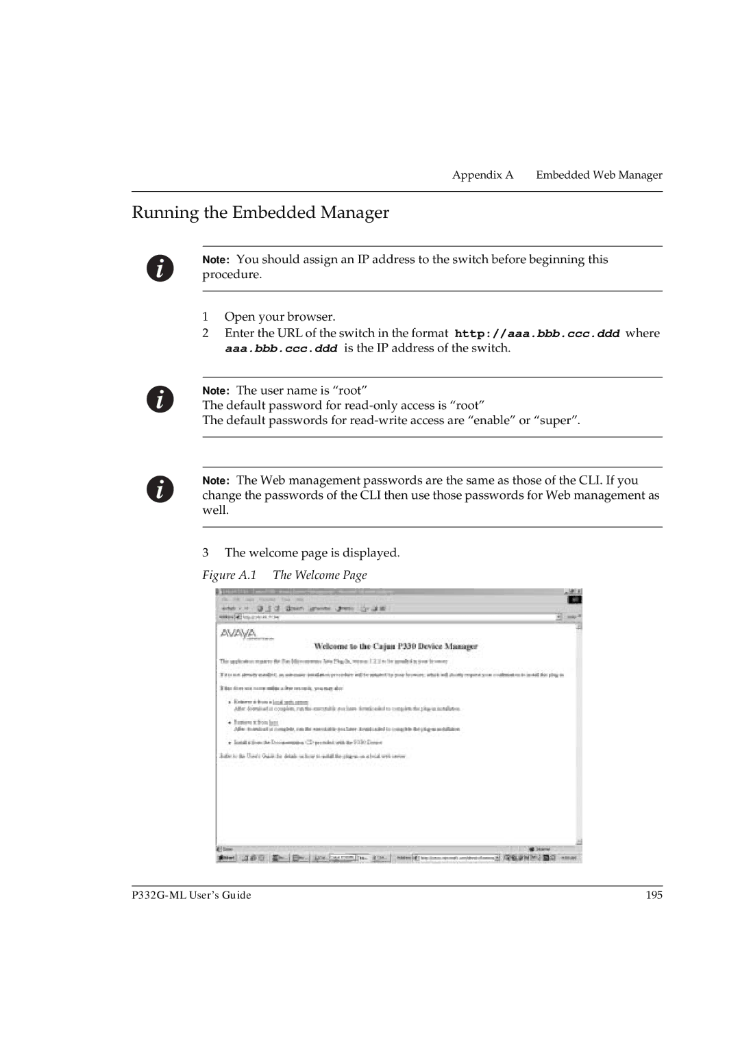 Avaya P332G-ML manual Running the Embedded Manager, Figure A.1 The Welcome 