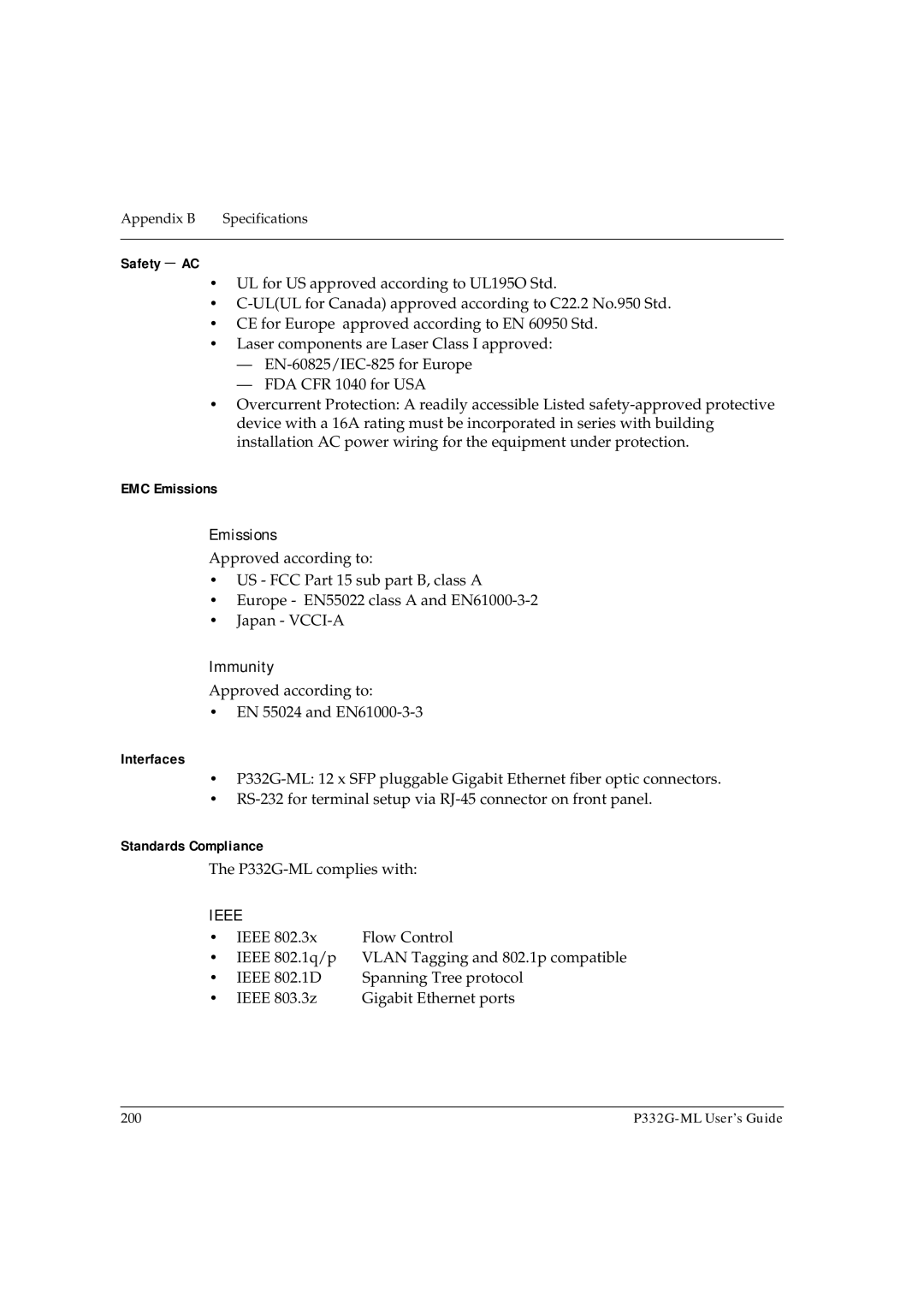 Avaya P332G-ML manual Safety AC, EMC Emissions, Interfaces, Standards Compliance 