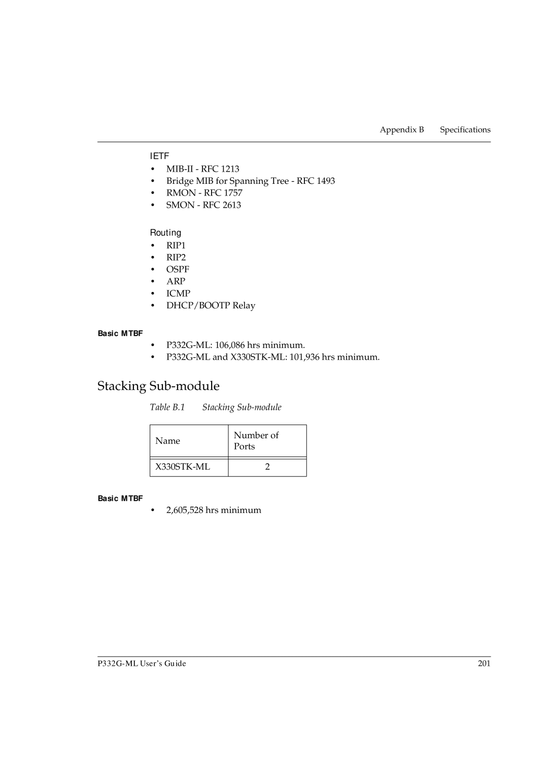 Avaya P332G-ML manual Stacking Sub-module, Routing, Basic Mtbf 