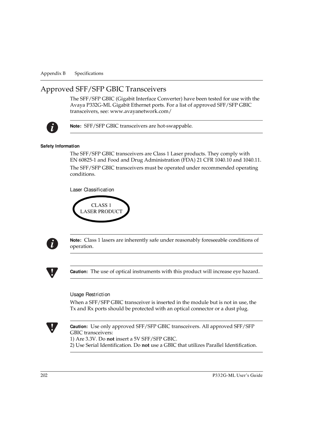 Avaya P332G-ML manual Approved SFF/SFP Gbic Transceivers, Safety Information, Laser Classification, Usage Restriction 