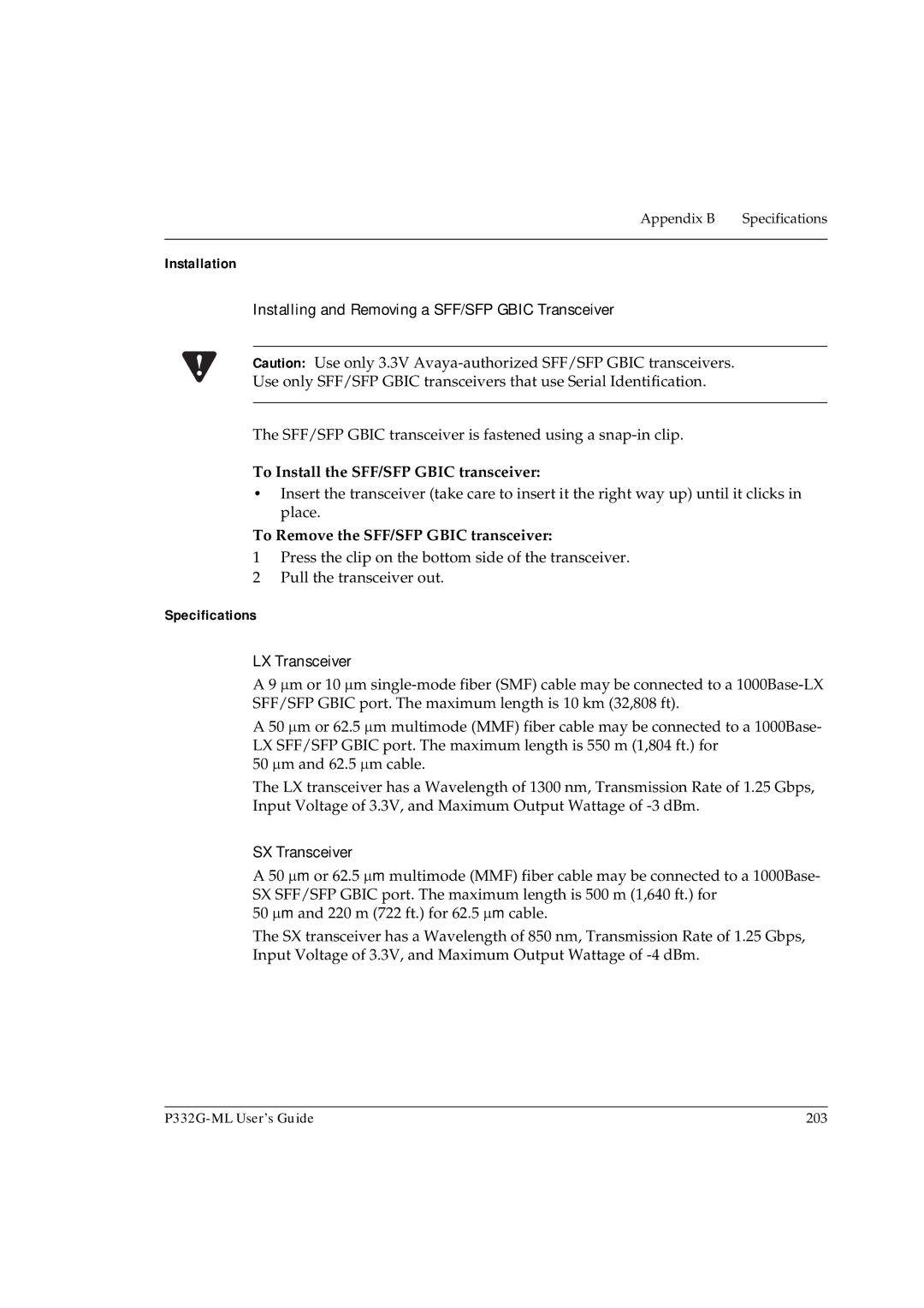 Avaya P332G-ML manual Installation, Installing and Removing a SFF/SFP Gbic Transceiver, Specifications, LX Transceiver 