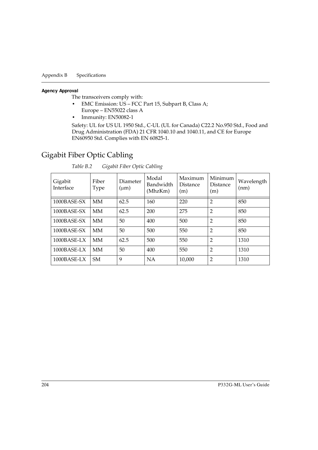 Avaya P332G-ML manual Gigabit Fiber Optic Cabling, Agency Approval 