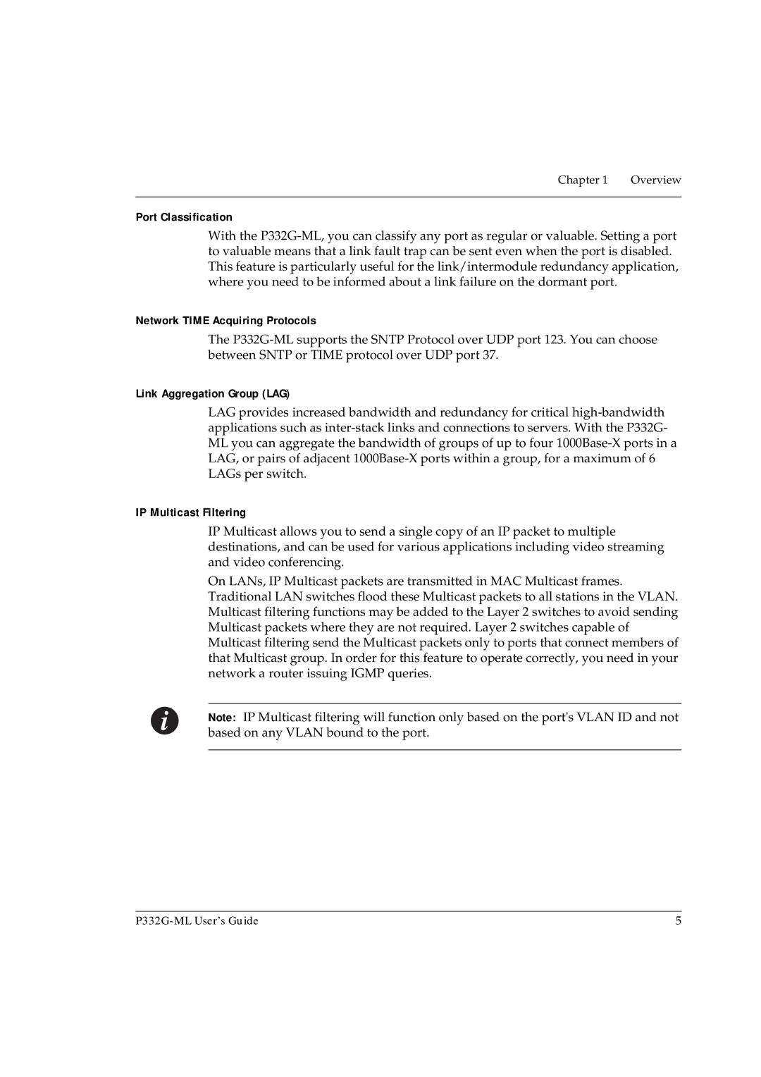 Avaya P332G-ML Port Classification, Network Time Acquiring Protocols, Link Aggregation Group LAG, IP Multicast Filtering 