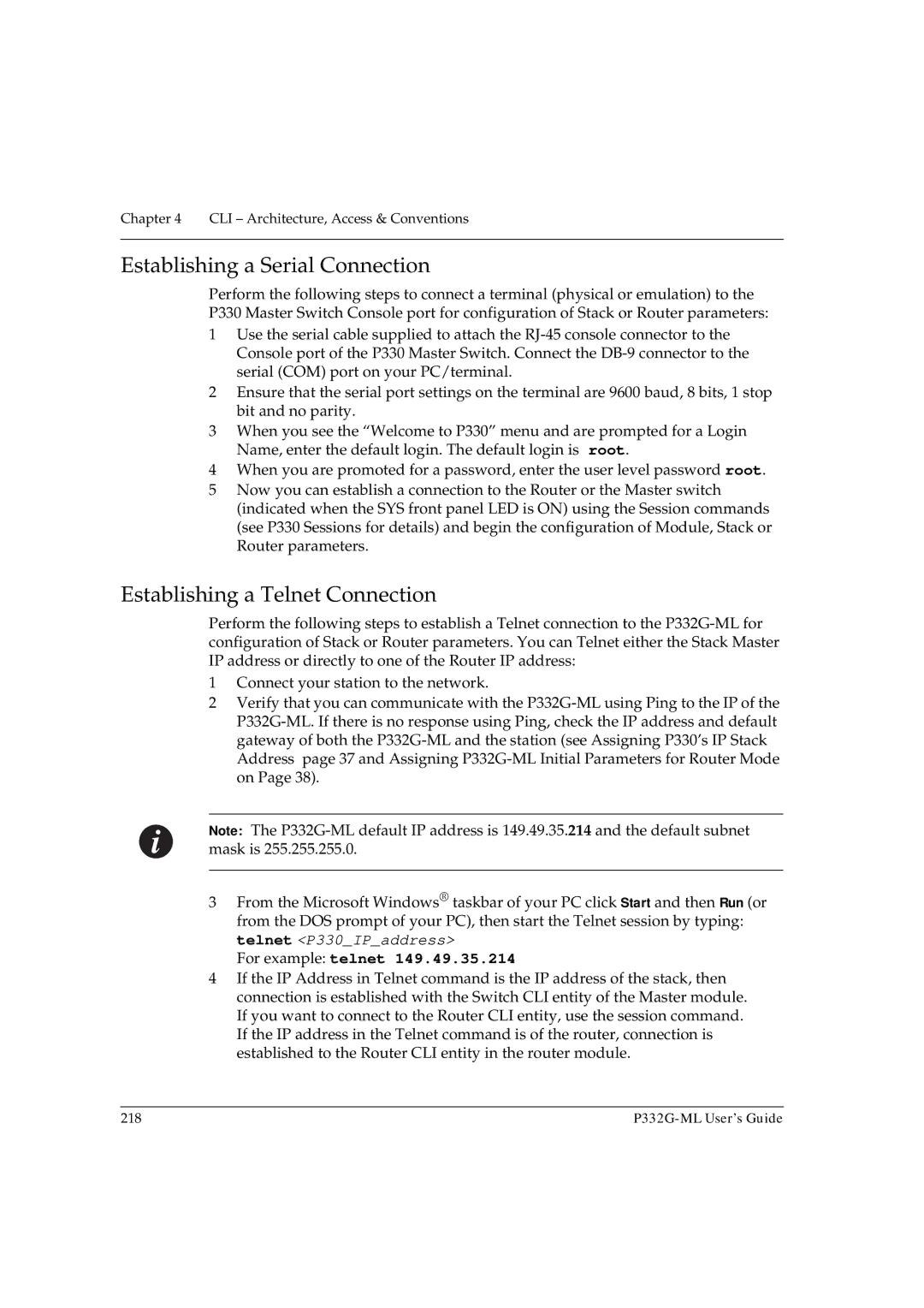 Avaya P332G-ML manual Establishing a Serial Connection, Establishing a Telnet Connection, For example telnet 