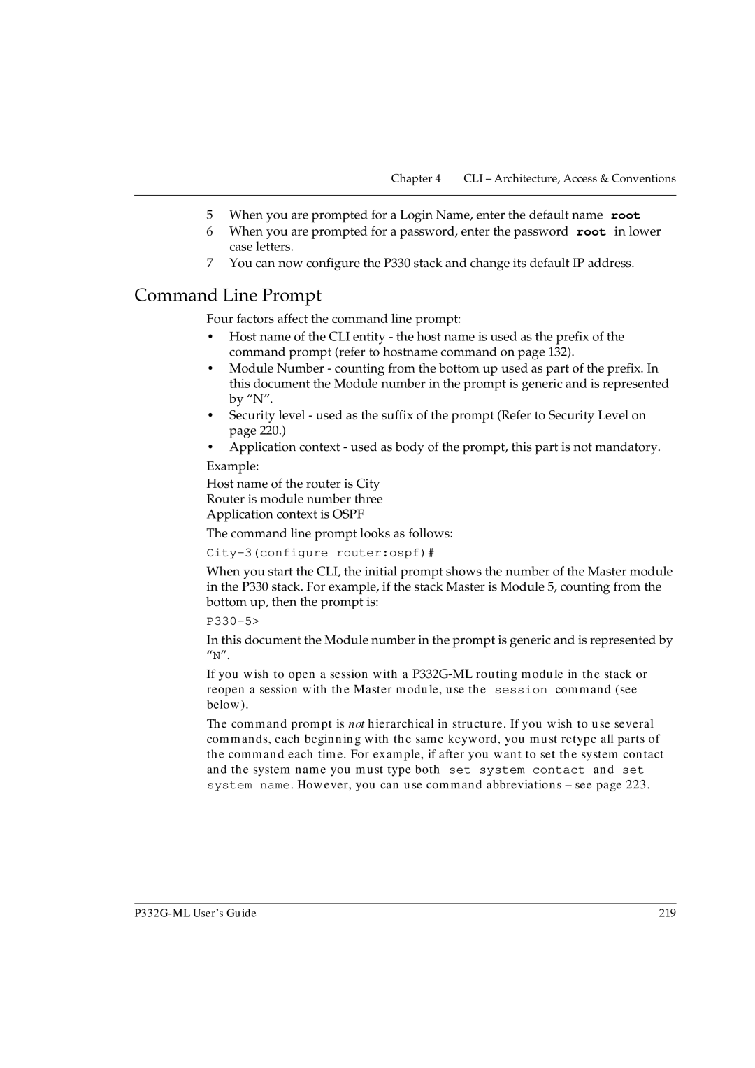 Avaya P332G-ML manual Command Line Prompt, City-3configure routerospf#, P330-5 