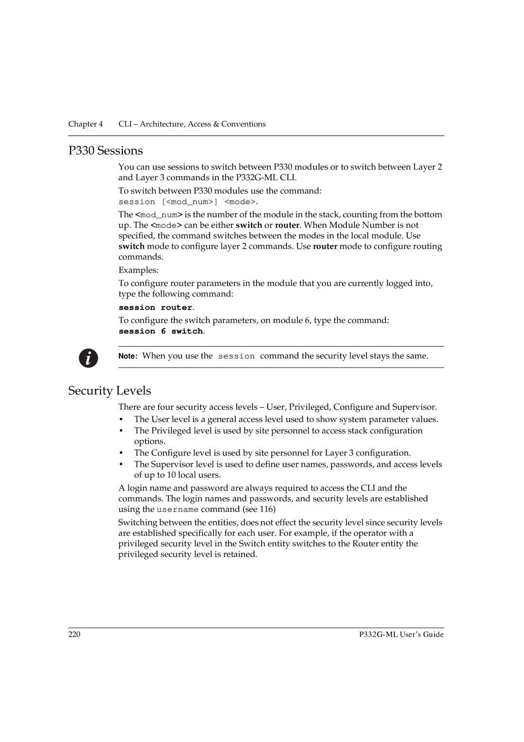 Avaya P332G-ML manual P330 Sessions, Security Levels, Session router 