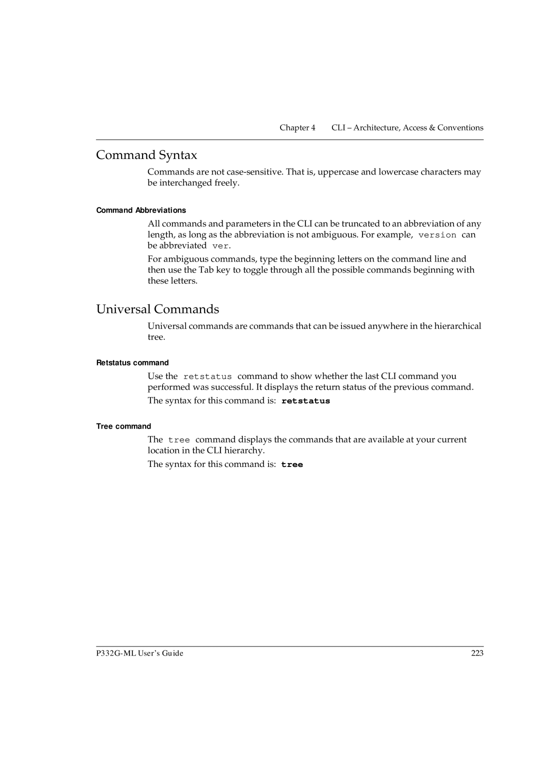 Avaya P332G-ML manual Command Syntax, Universal Commands, Command Abbreviations, Retstatus command, Tree command 