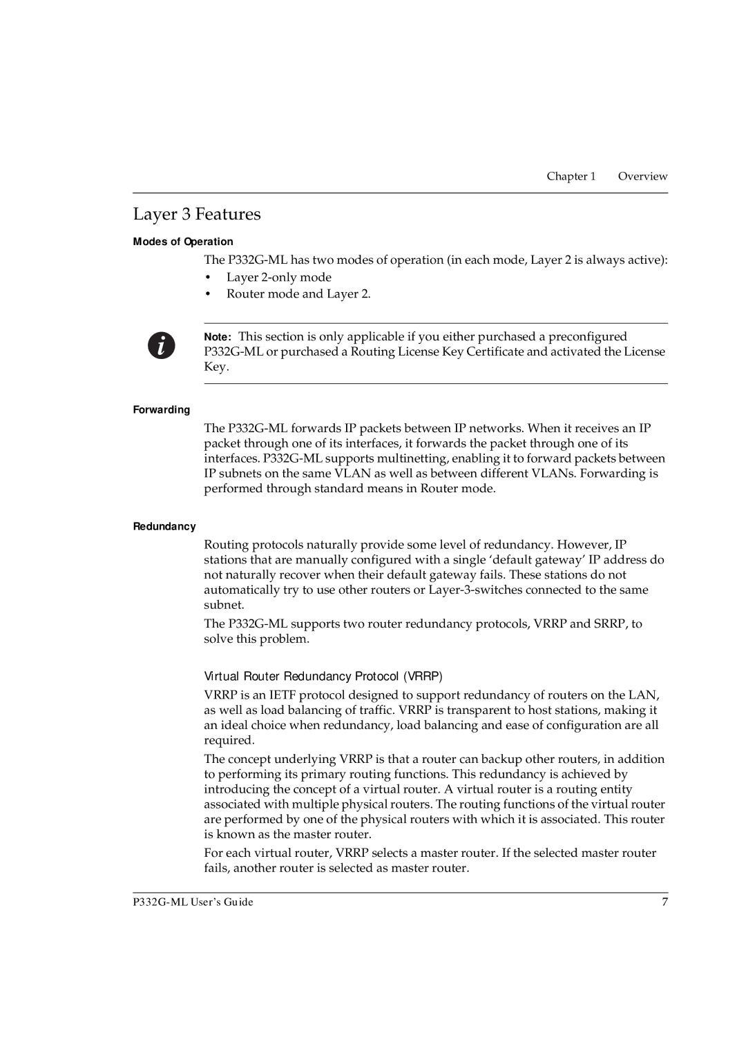 Avaya P332G-ML manual Layer 3 Features, Modes of Operation, Forwarding, Virtual Router Redundancy Protocol Vrrp 