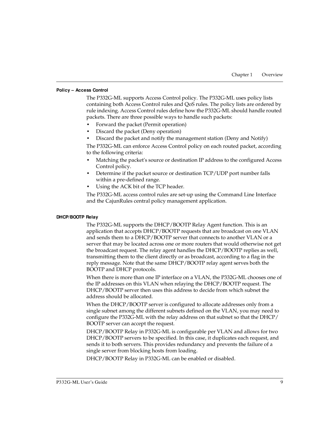 Avaya P332G-ML manual Policy Access Control, DHCP/BOOTP Relay 