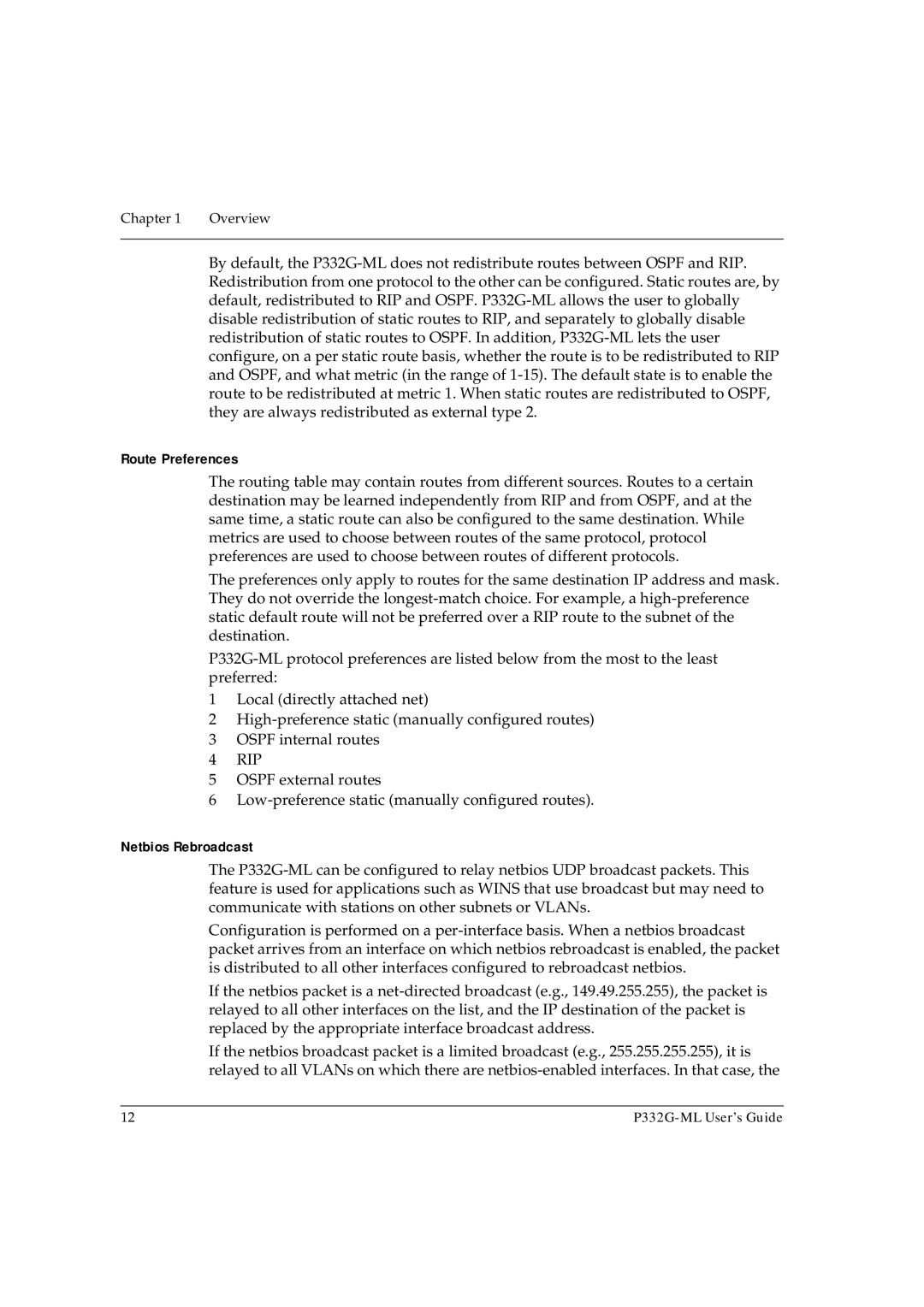 Avaya P332G-ML manual Route Preferences, Netbios Rebroadcast 