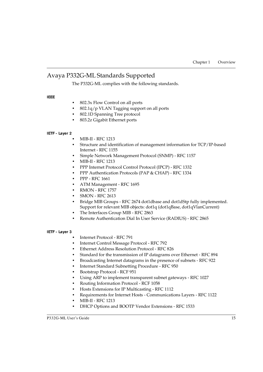 Avaya manual Avaya P332G-ML Standards Supported, P332G-ML complies with the following standards, Ietf Layer 