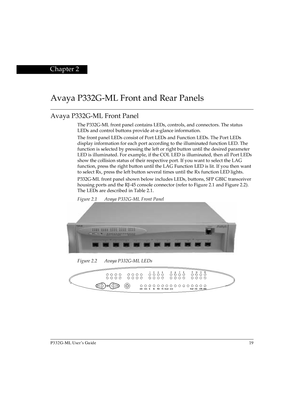 Avaya manual Avaya P332G-ML Front and Rear Panels, Avaya P332G-ML Front Panel 