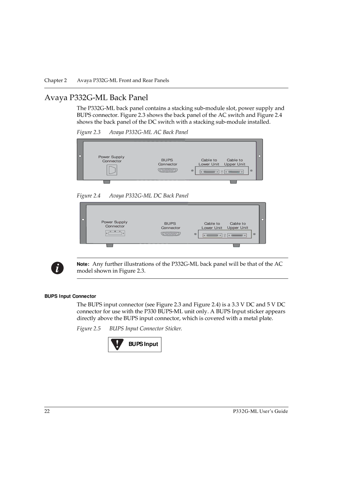 Avaya manual Avaya P332G-ML Back Panel, Bups Input Connector 