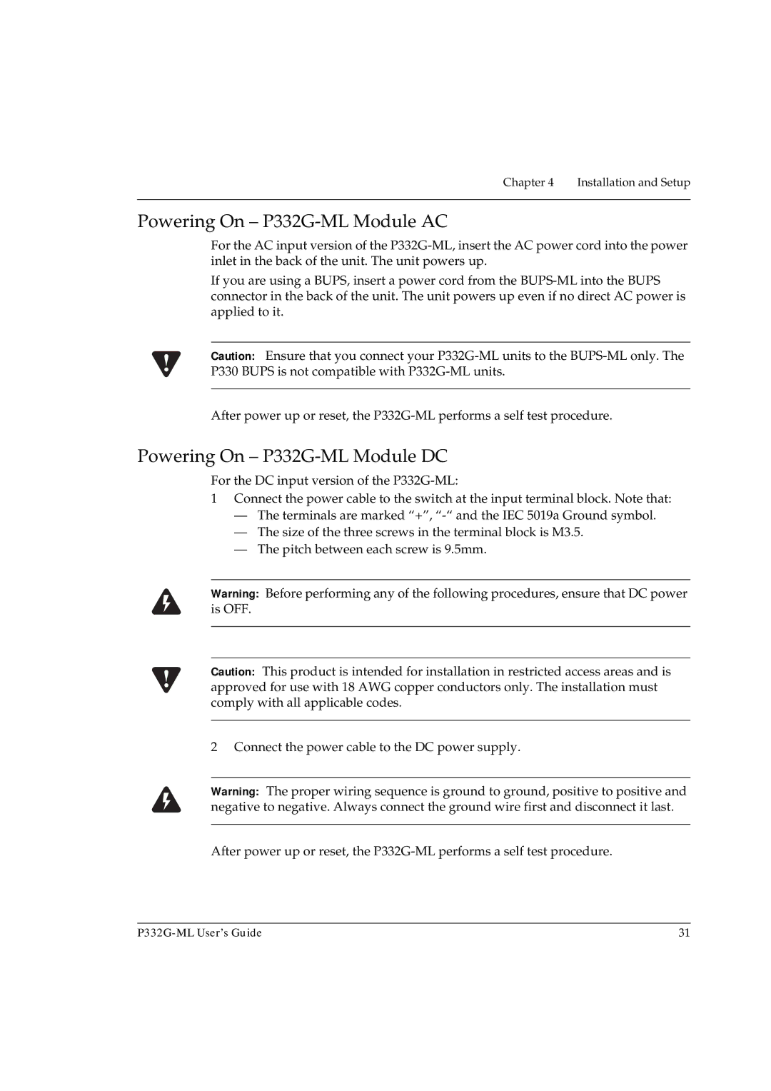 Avaya manual Powering On P332G-ML Module AC, Powering On P332G-ML Module DC 