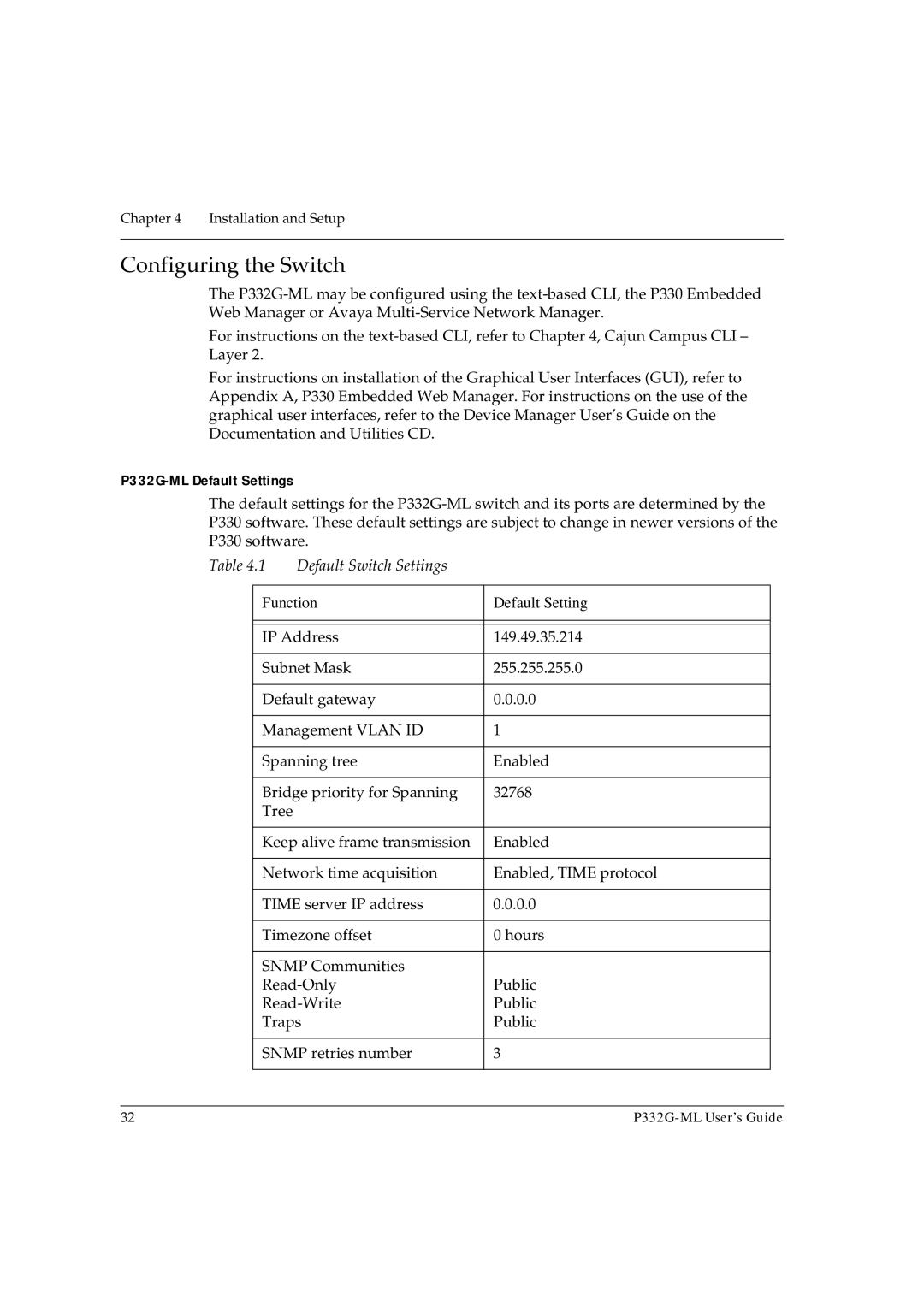 Avaya manual Configuring the Switch, P332G-ML Default Settings 