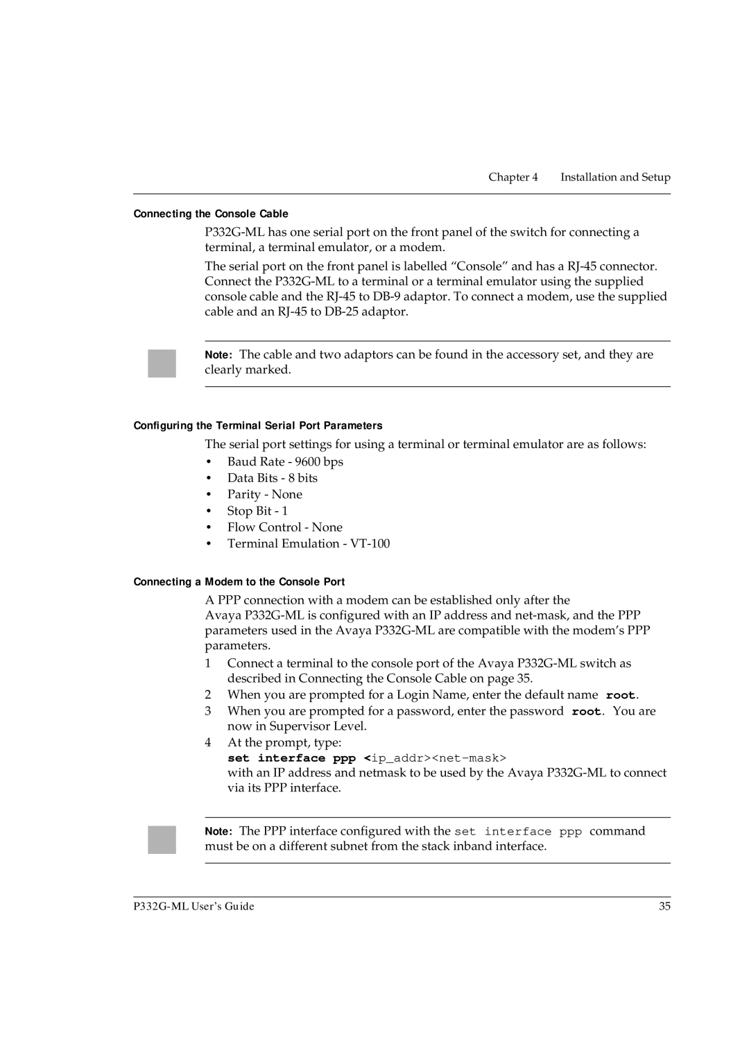 Avaya P332G-ML manual Connecting the Console Cable, Configuring the Terminal Serial Port Parameters 