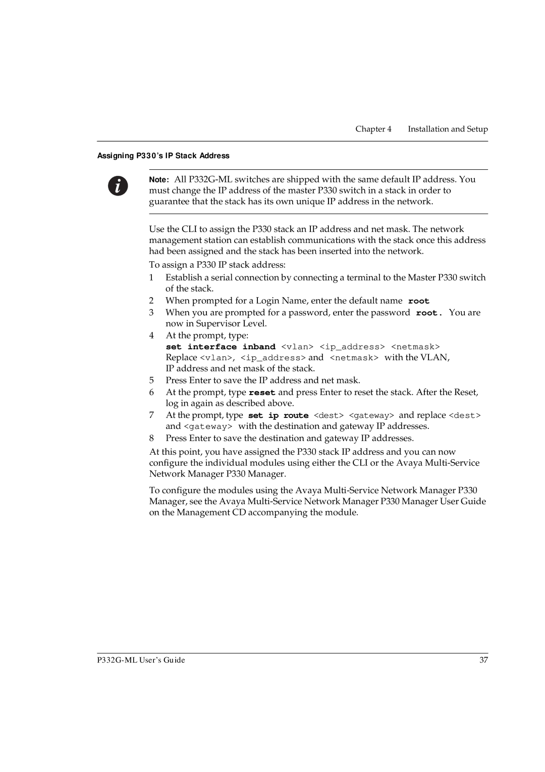 Avaya P332G-ML manual Assigning P330’s IP Stack Address 