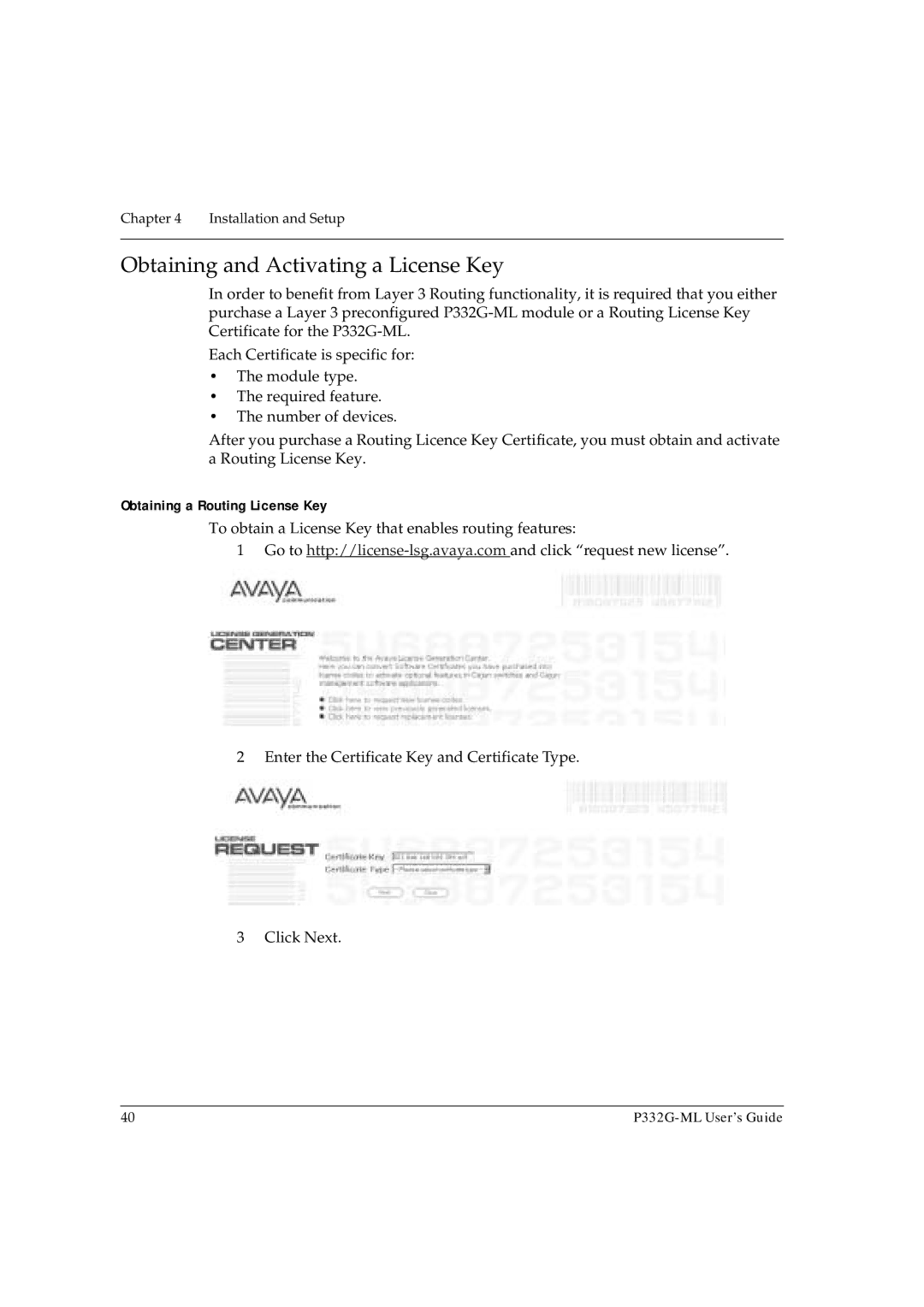 Avaya P332G-ML manual Obtaining and Activating a License Key, Obtaining a Routing License Key 