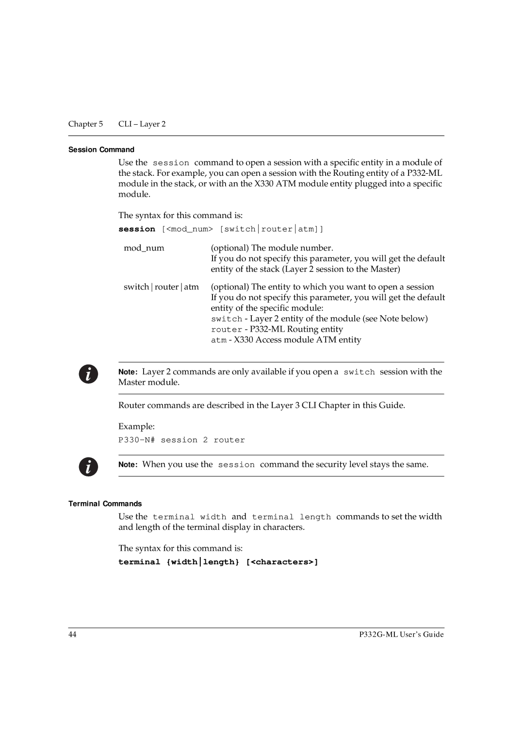 Avaya P332G-ML manual Session Command, Session modnum switchrouteratm, P330-N# session 2 router, Terminal Commands 