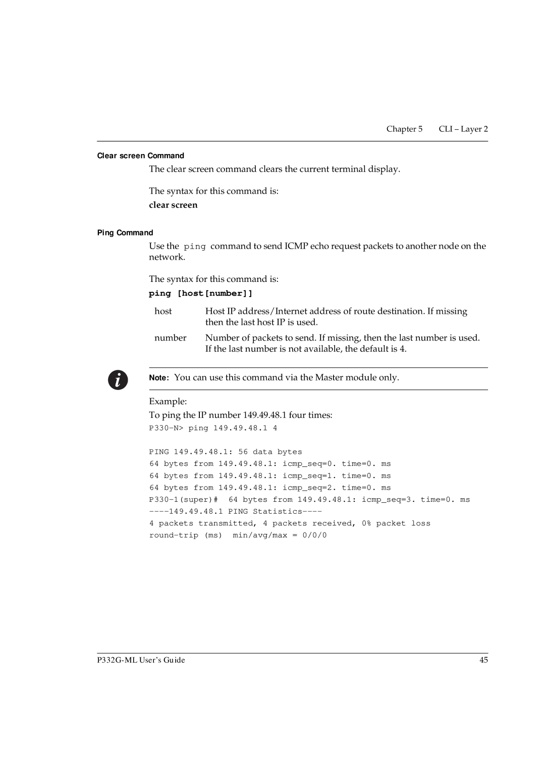 Avaya P332G-ML manual Clear screen Command, Ping Command, Ping hostnumber 