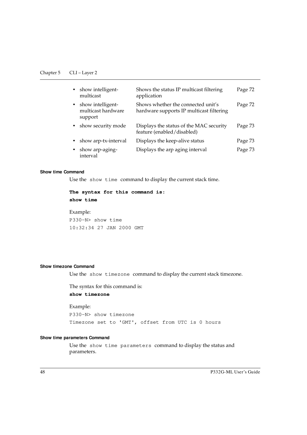 Avaya P332G-ML manual Show time Command, Syntax for this command is Show time, Show timezone Command 