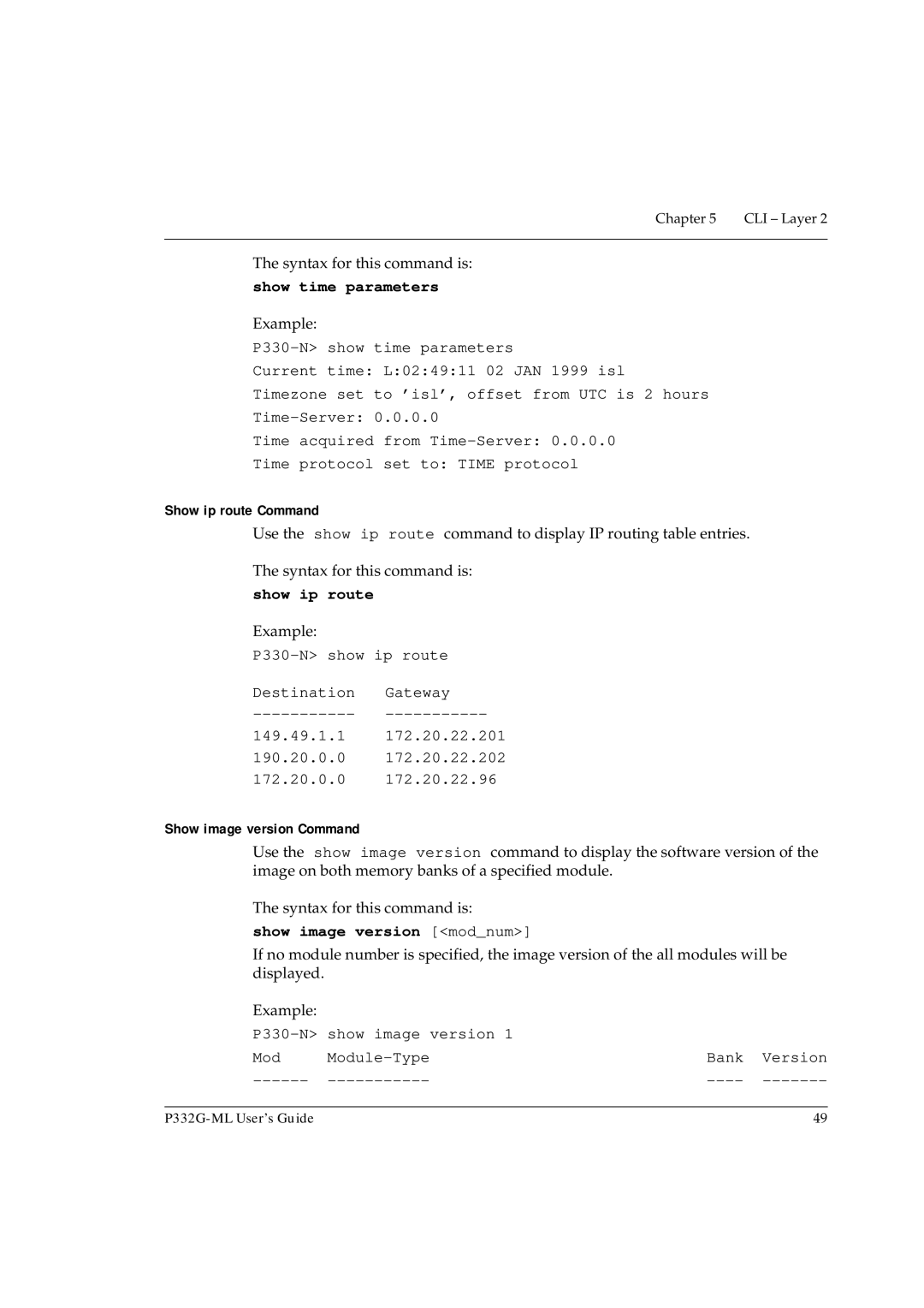 Avaya P332G-ML manual Show time parameters, Show ip route Command, Show image version Command, Show image version modnum 