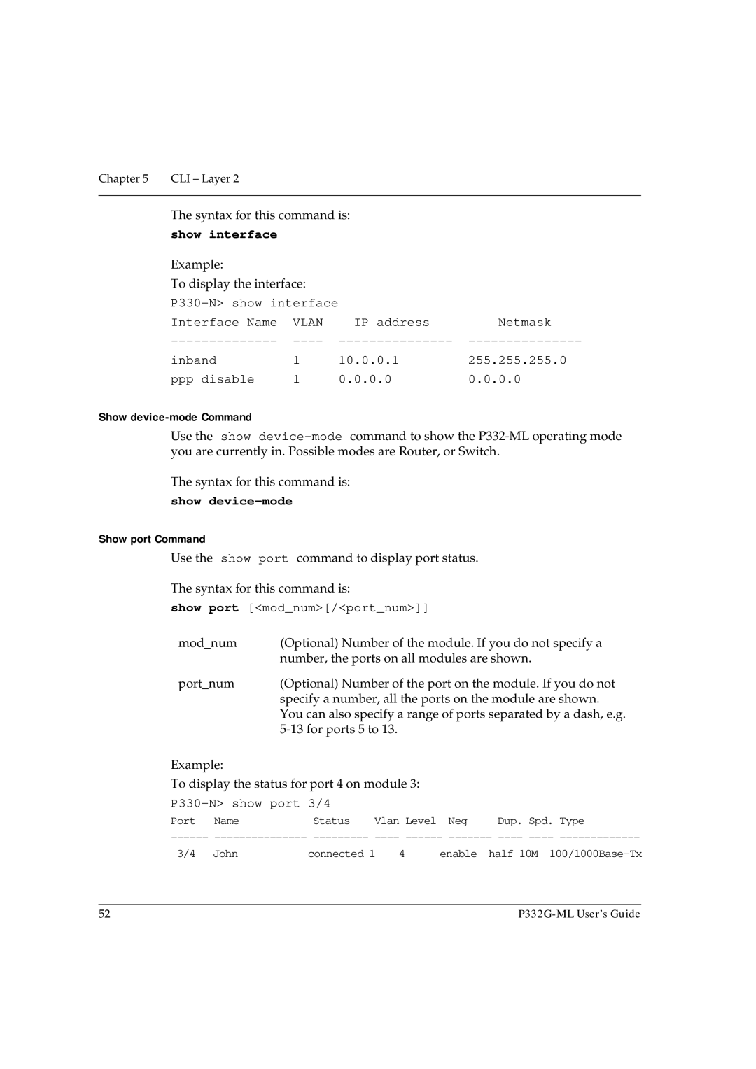 Avaya P332G-ML manual Show interface, Show device-mode Command, Show port Command 