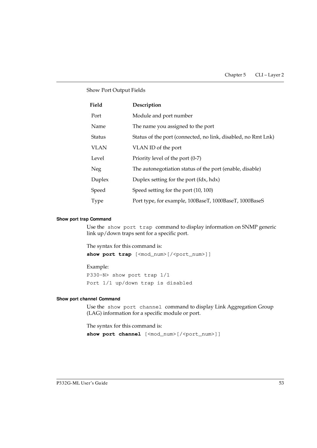 Avaya P332G-ML manual Show port trap Command, Show port trap modnum/portnum, Show port channel Command 