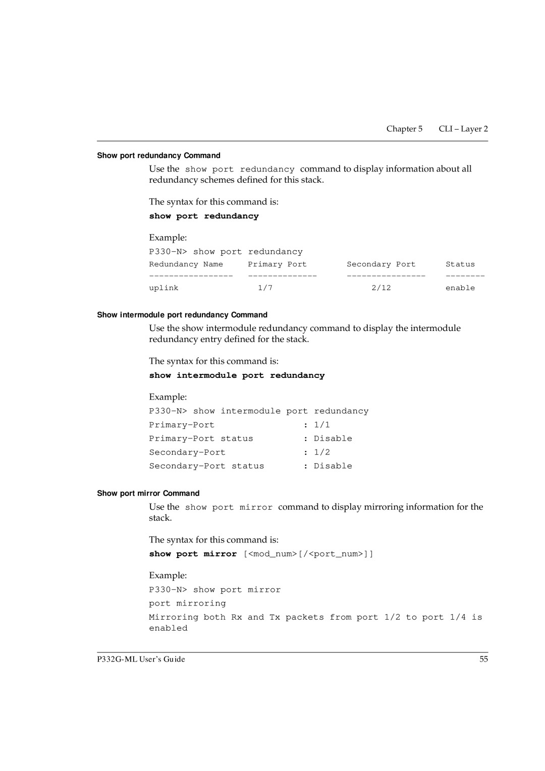 Avaya P332G-ML manual Show port redundancy Command, Show intermodule port redundancy Command, Show port mirror Command 