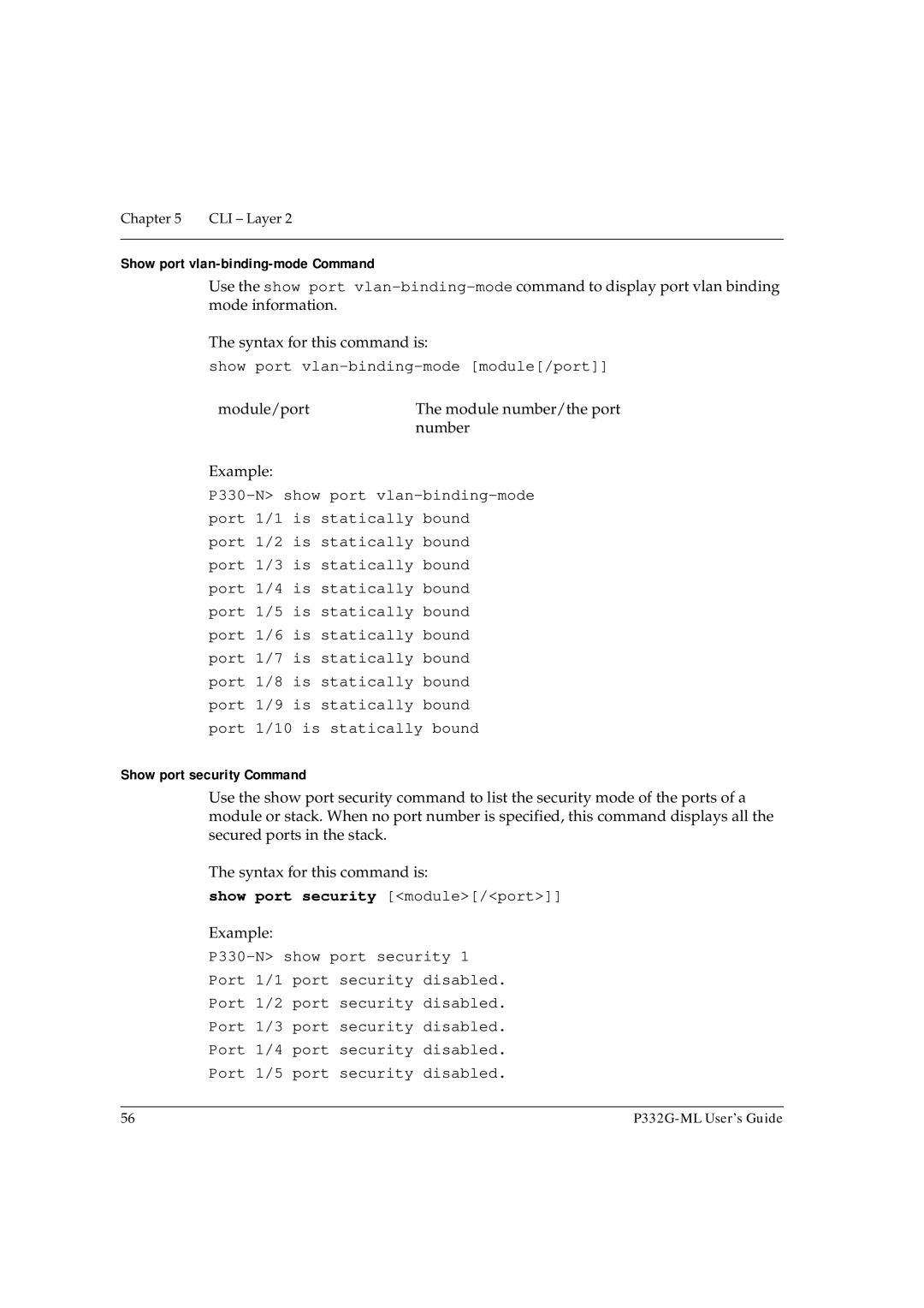 Avaya P332G-ML Show port vlan-binding-mode Command, Show port vlan-binding-mode module/port, Show port security Command 