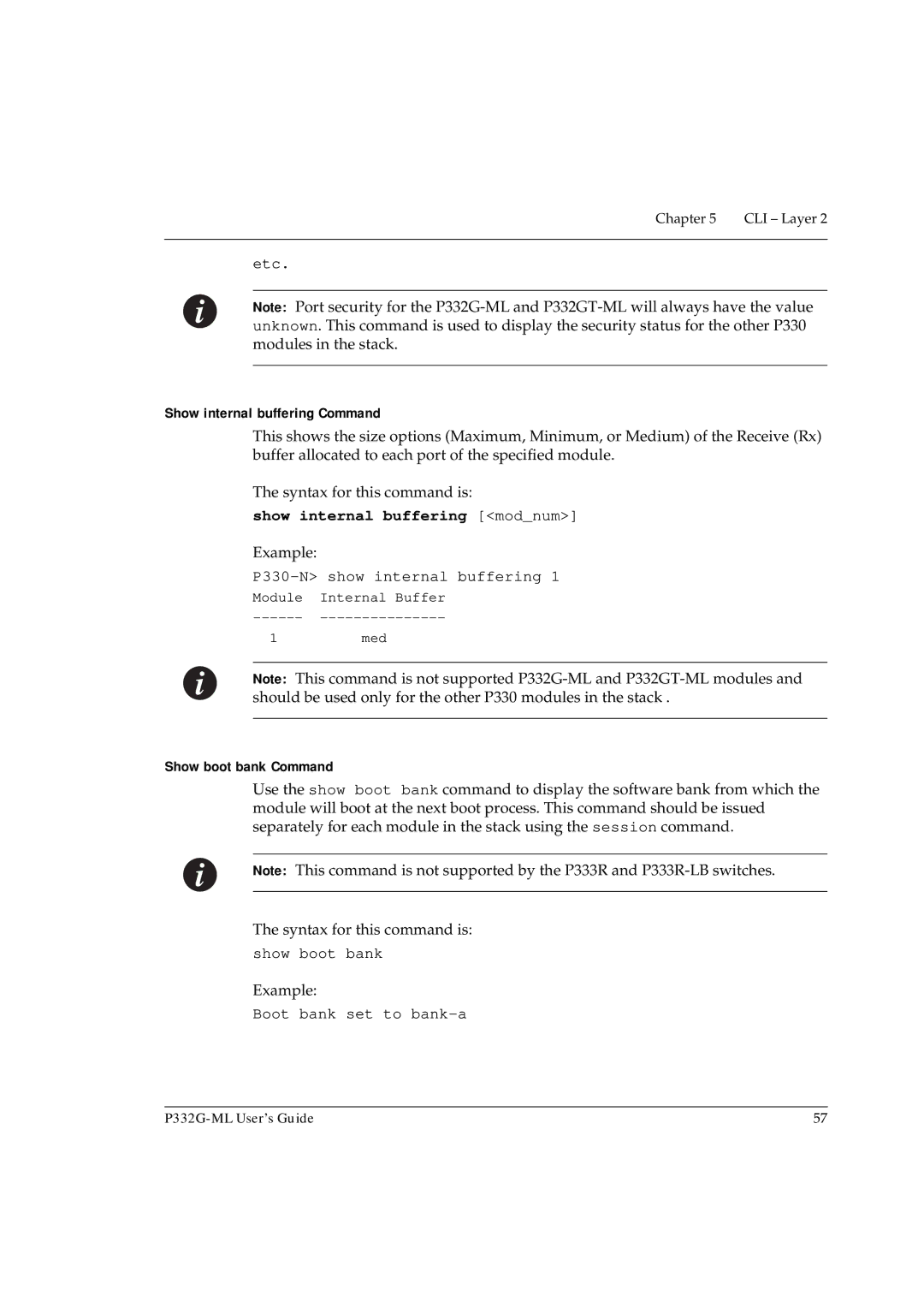 Avaya P332G-ML manual Show internal buffering Command, Show internal buffering modnum, Show boot bank Command 