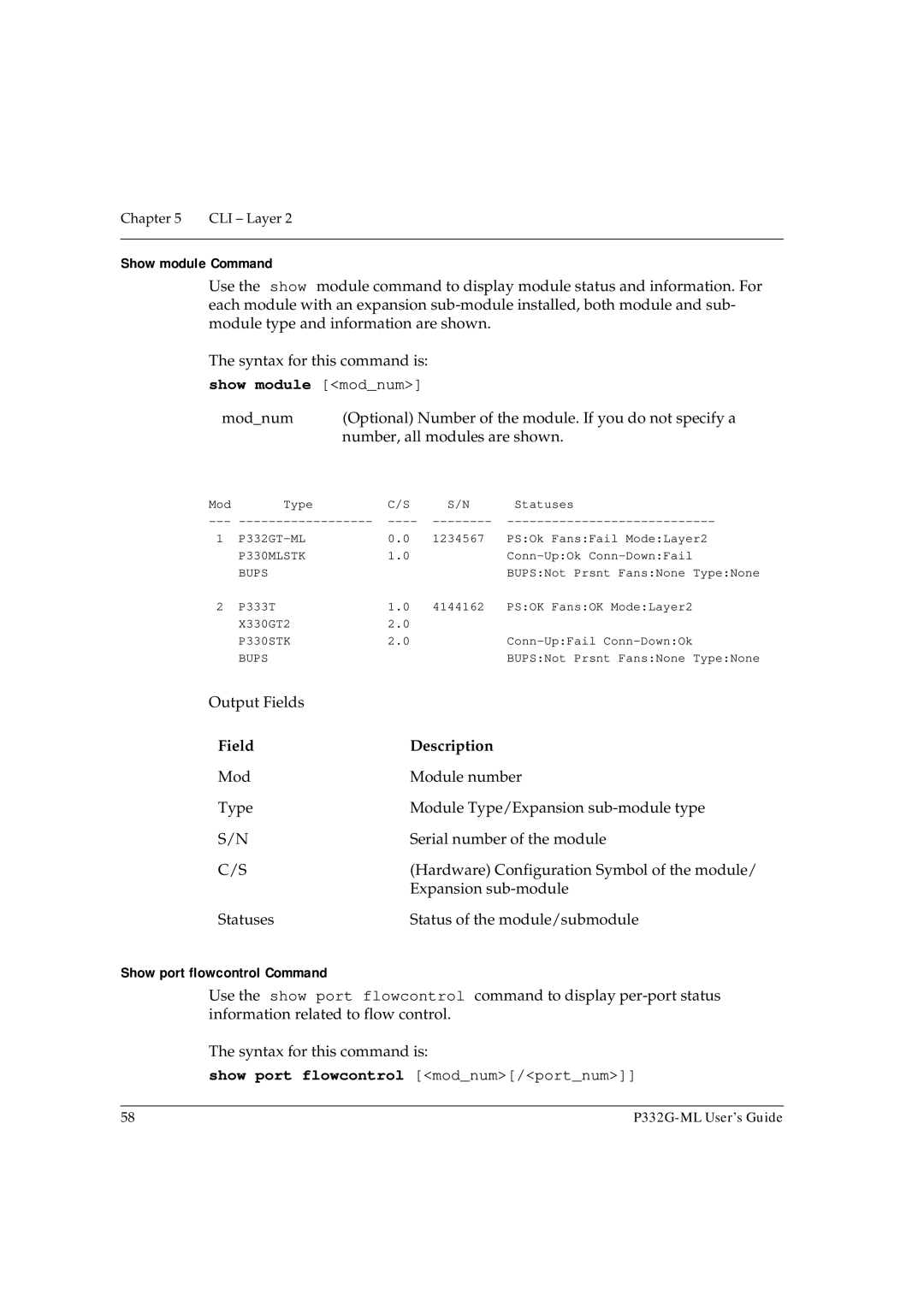 Avaya P332G-ML manual Show module Command, Show module modnum, Output Fields, Show port flowcontrol Command 