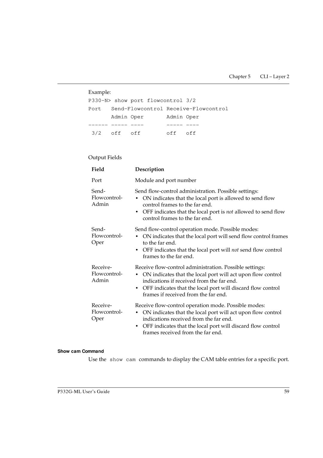 Avaya P332G-ML manual Port Send Flowcontrol Admin, Show cam Command 